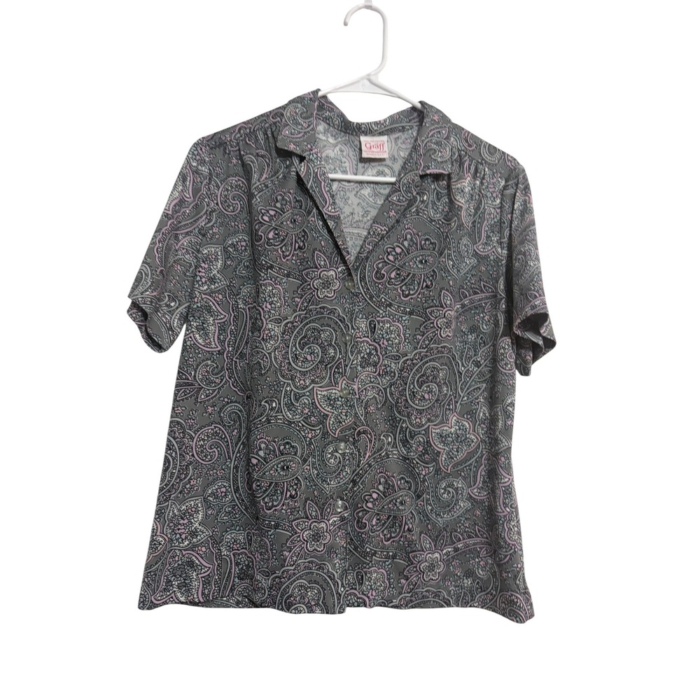 Graff‎ Californiawear Blouse Vintage Paisley Grey Pink Short Sleeve Button Up